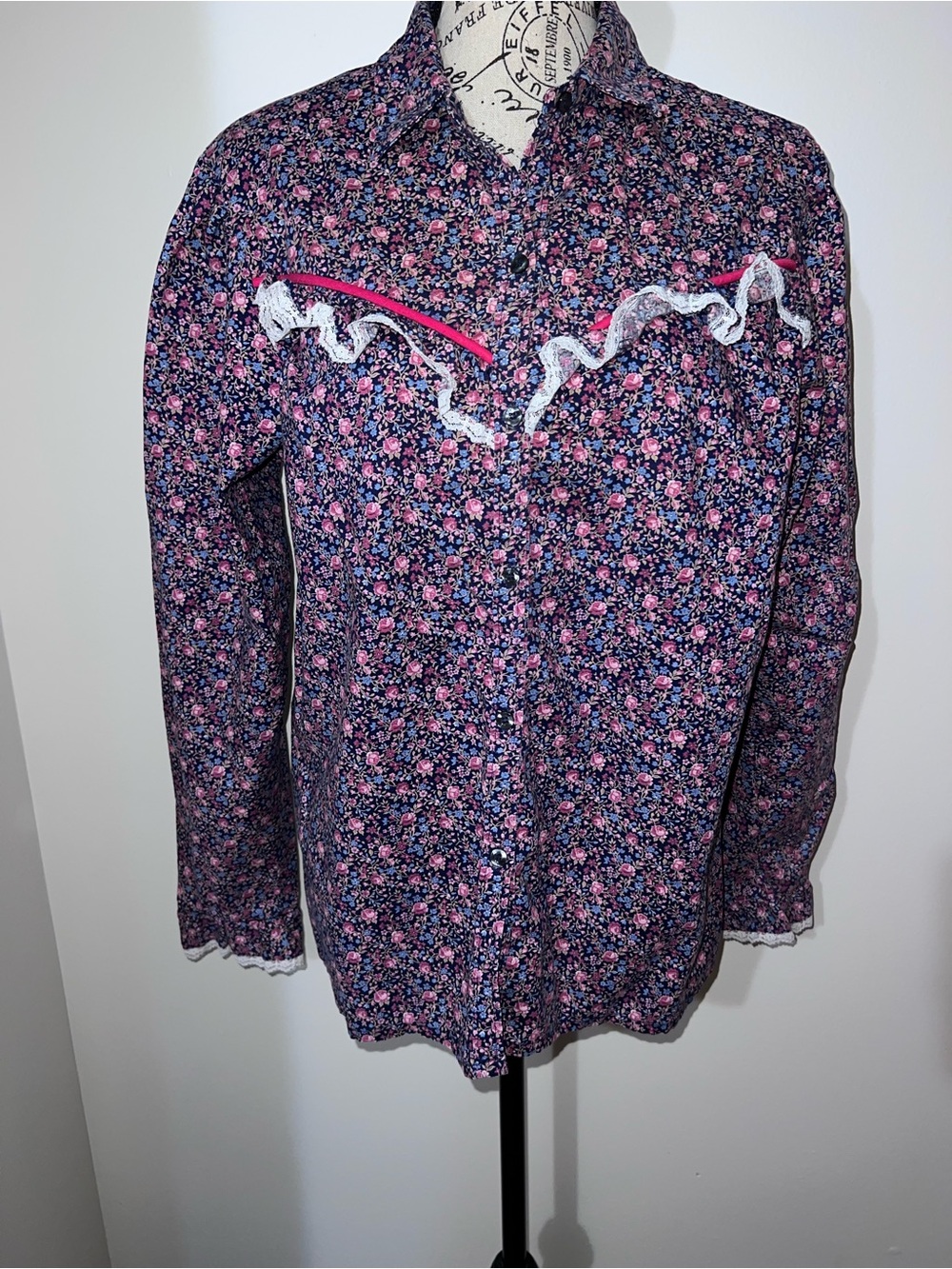 Vintage Sheplers Western Prairie Blouse Calico Floral Lace Trim Victorian XL